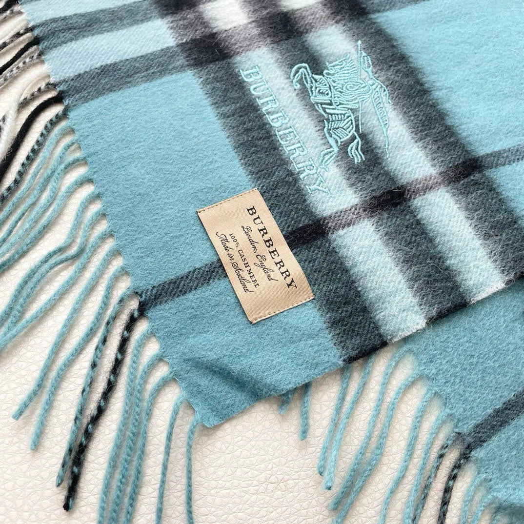 BURBERRY CHECK SCARF 180 CM IN SKY BLUE MIX BLACK CASHMERE 405484