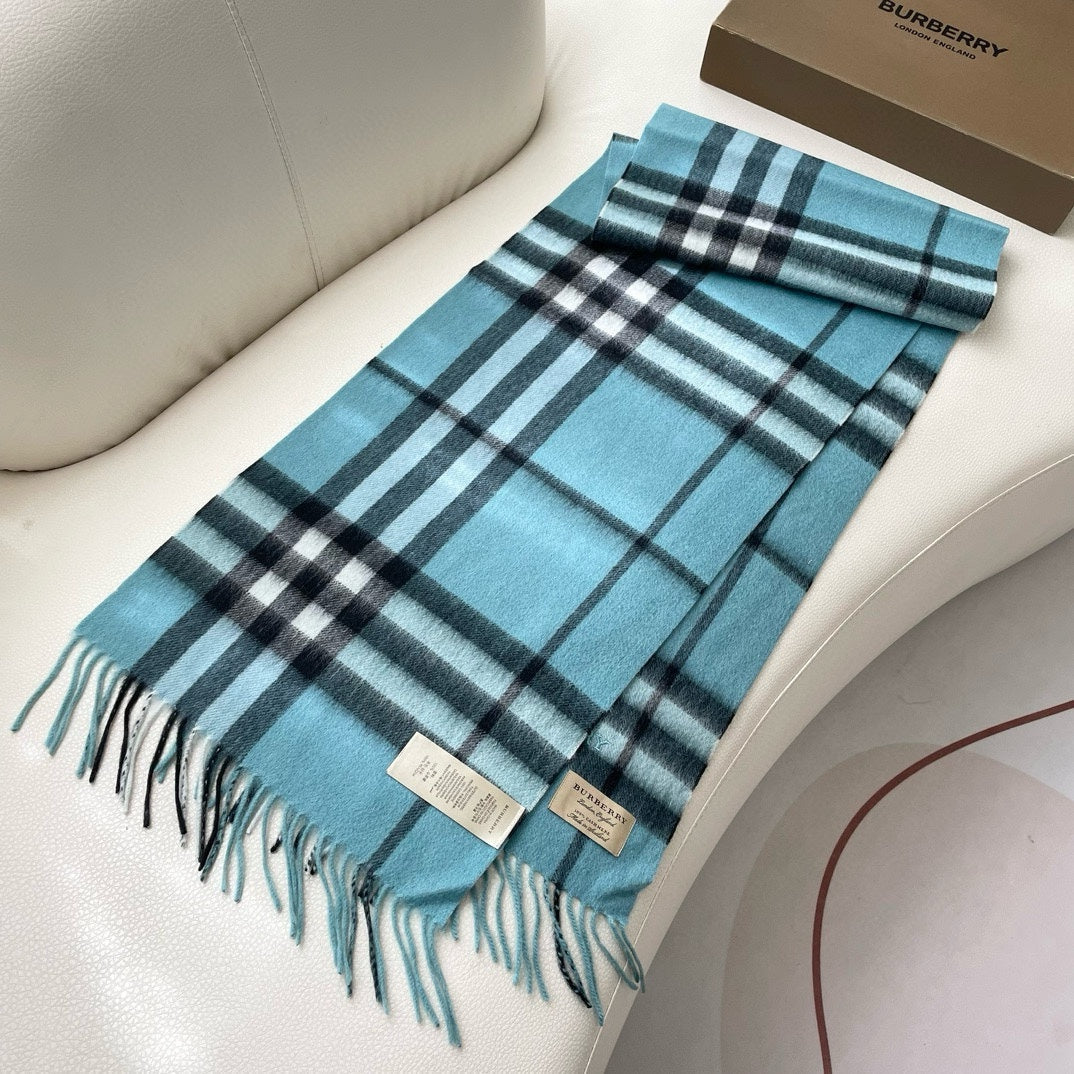 BURBERRY CHECK SCARF 180 CM IN SKY BLUE MIX BLACK CASHMERE 405484