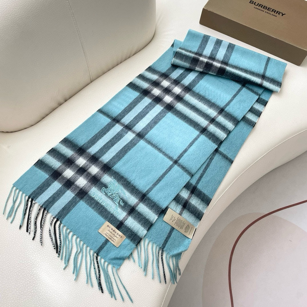 BURBERRY CHECK SCARF 180 CM IN SKY BLUE MIX BLACK CASHMERE 405484