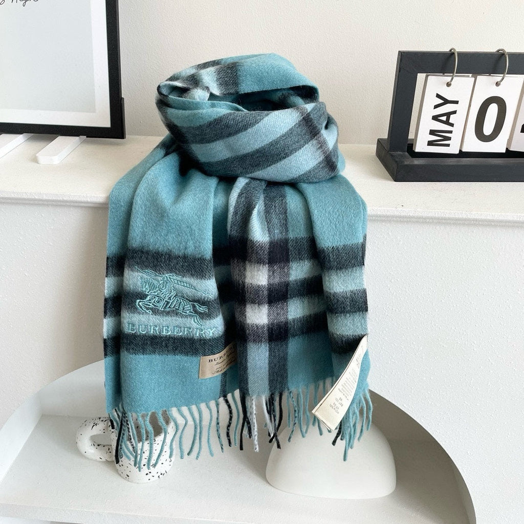 BURBERRY CHECK SCARF 180 CM IN SKY BLUE MIX BLACK CASHMERE 405484