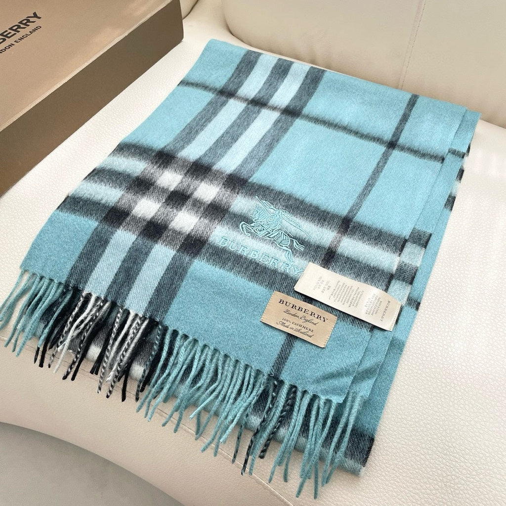 BURBERRY CHECK SCARF 180 CM IN SKY BLUE MIX BLACK CASHMERE 405484