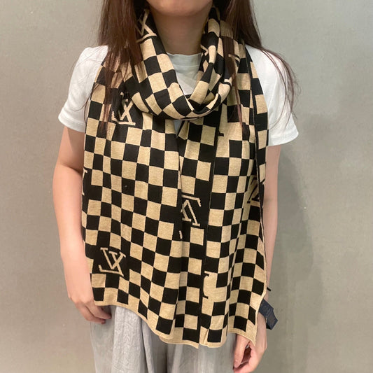 LOUIS VUITTON DAMIER SCARF 200 CM IN BLACK MIX TAN BEIGE CASHMERE 388194