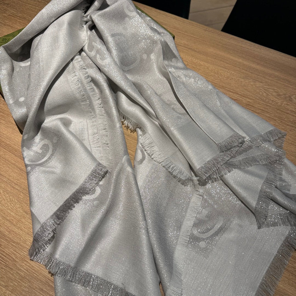 GUCCI JACQUARD SILK WOOL SHAWL 140 CM SILVER GRAY 401259