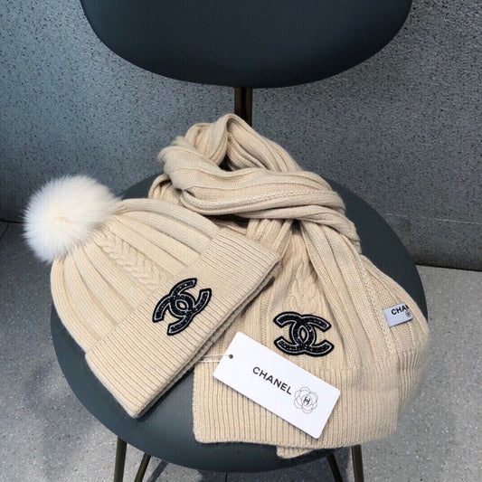 CHANEL SET SCARF AND HAT IN BISQUE BEIGE WOOL 420821
