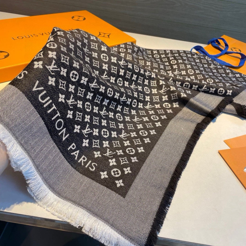 LOUIS VUITTON MONOGRAM SHINE SCARF 120 CM IN BLACK WOOL AND MULBERRY SILK 398194