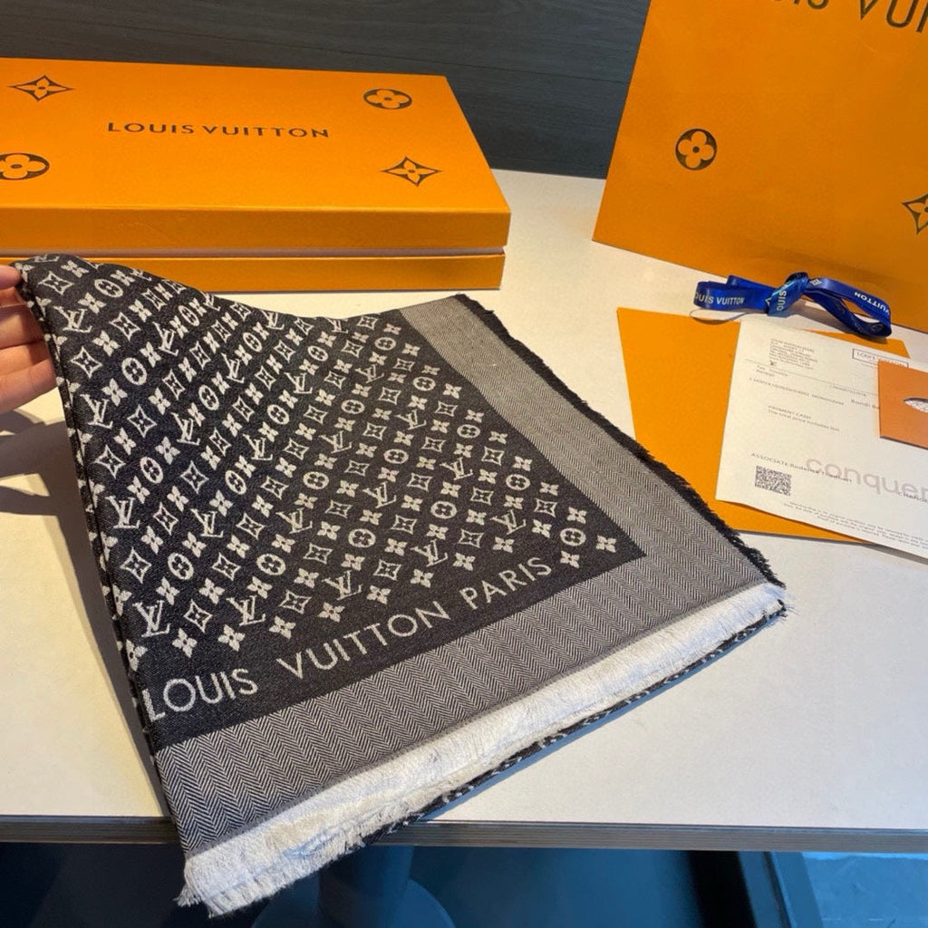 LOUIS VUITTON MONOGRAM SHINE SCARF 120 CM IN BLACK WOOL AND MULBERRY SILK 398194