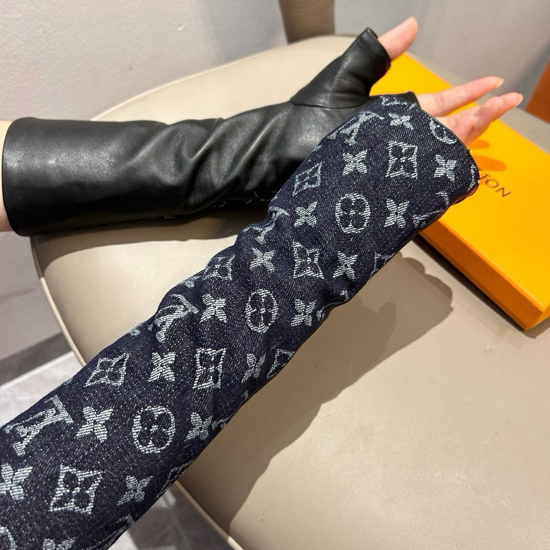 LOUIS VUITTON FINGERLESS LONG GLOVES IN BLACK MONOGRAM DENIM AND LAMBSKIN