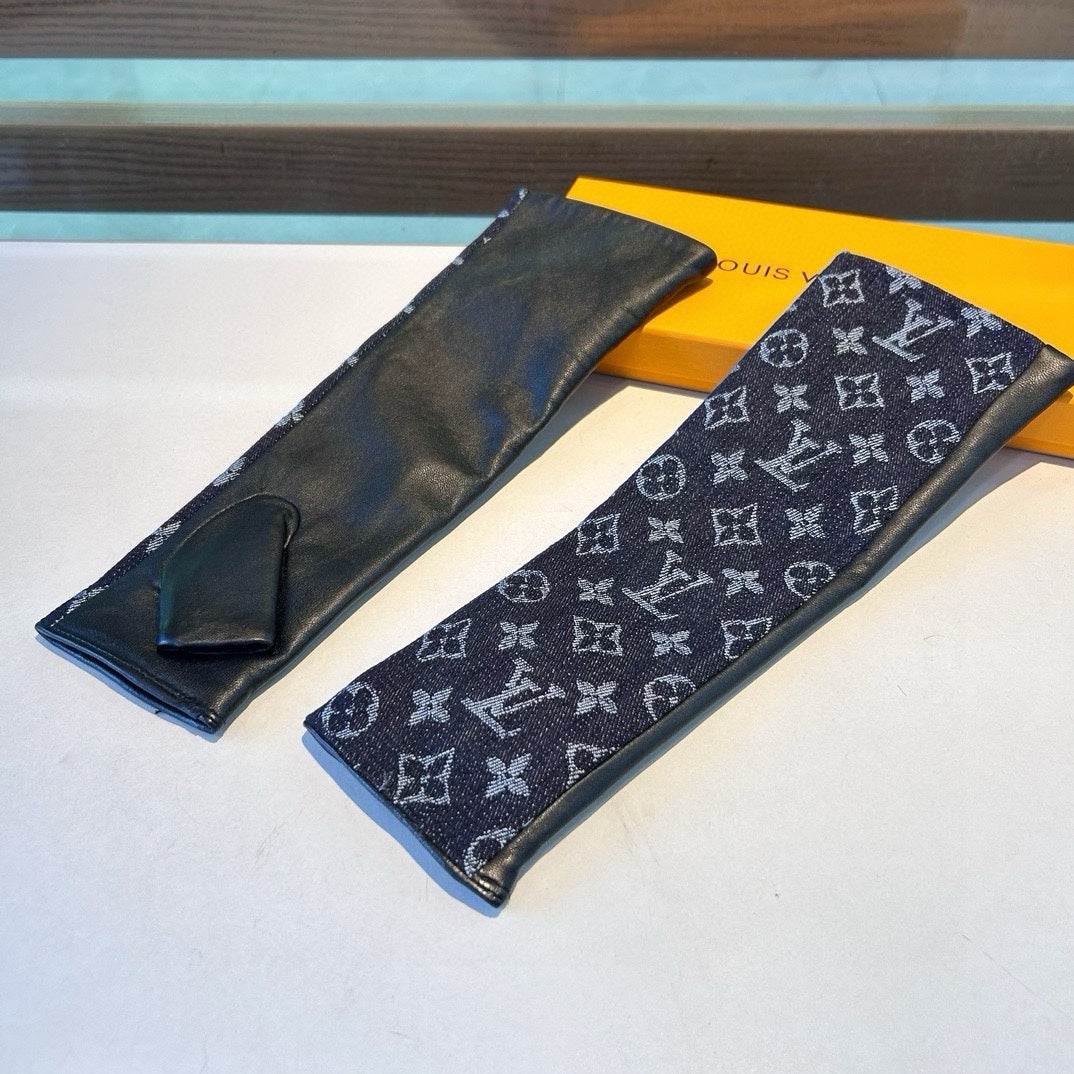 LOUIS VUITTON FINGERLESS LONG GLOVES IN BLACK MONOGRAM DENIM AND LAMBSKIN