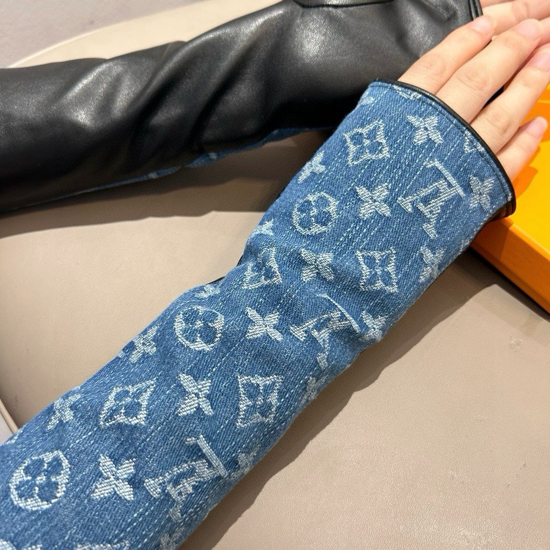 LOUIS VUITTON FINGERLESS LONG GLOVES IN AZURE BLUE MONOGRAM DENIM AND BLACK LAMBSKIN