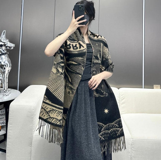 BURBERRY REVERSIBLE EKD SCARF 210 CM IN BLACK MIX CAMEL BEIGE CASHMERE 410182