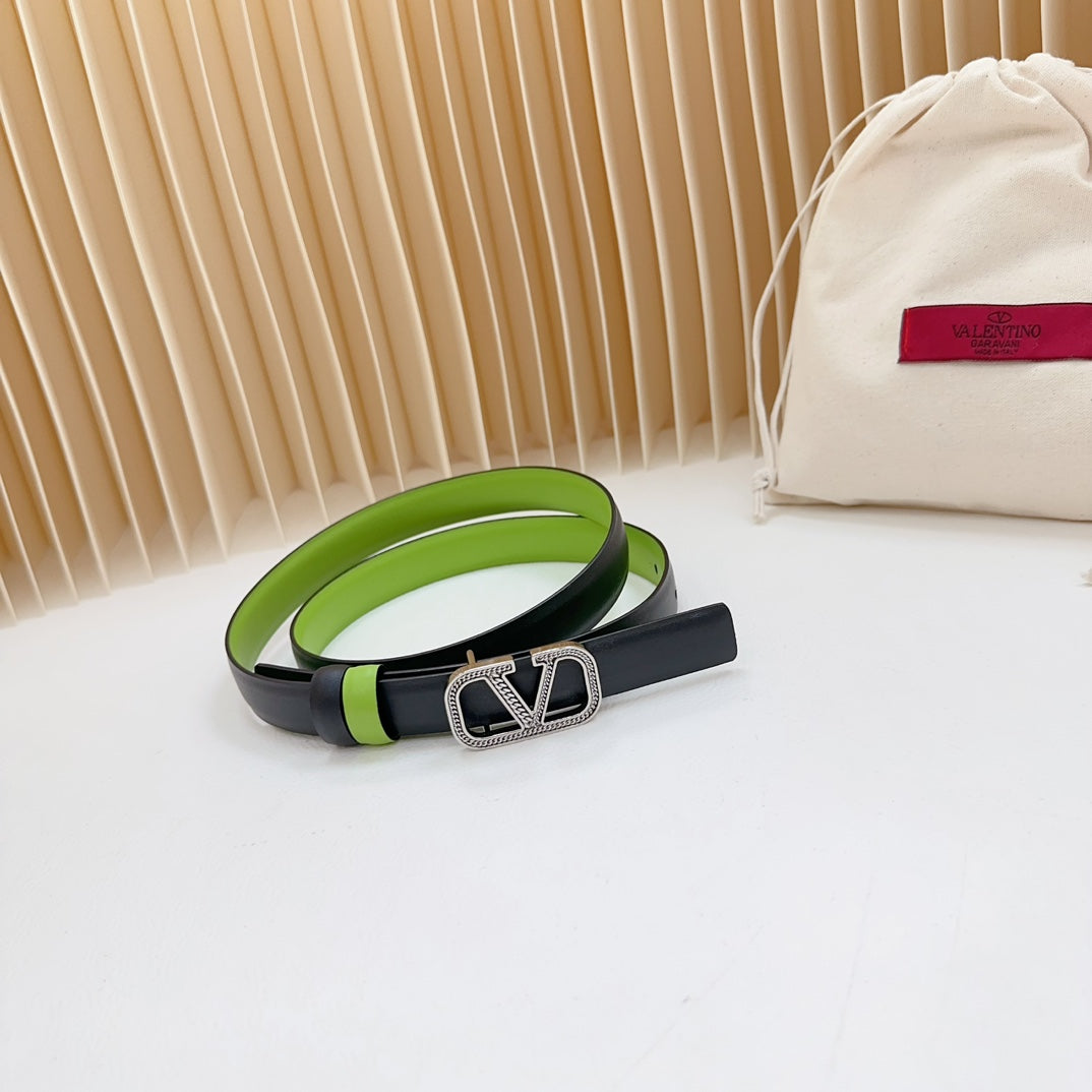 VALENTINO Vlogo Buckle Water Wave Silver Copper Glossy Green Black Leather 20mm Belt