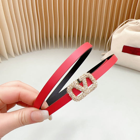 VALENTINO VL Belt 8mm Buckle Gold Diamond Leather Red Black