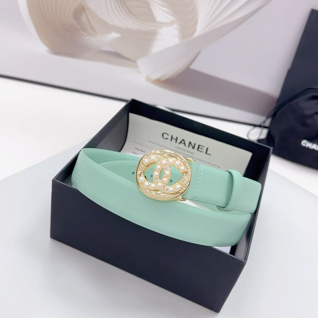 CHANEL 30MM BELT IN GREEN MINT CALFSKIN GOLD HARDWARE ATTACH PEARLS
