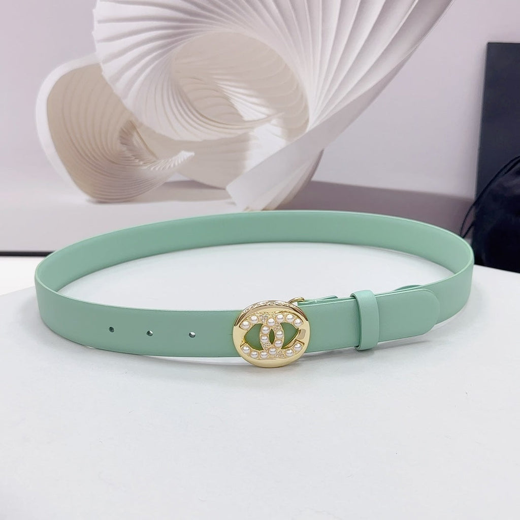 CHANEL 30MM BELT IN GREEN MINT CALFSKIN GOLD HARDWARE ATTACH PEARLS