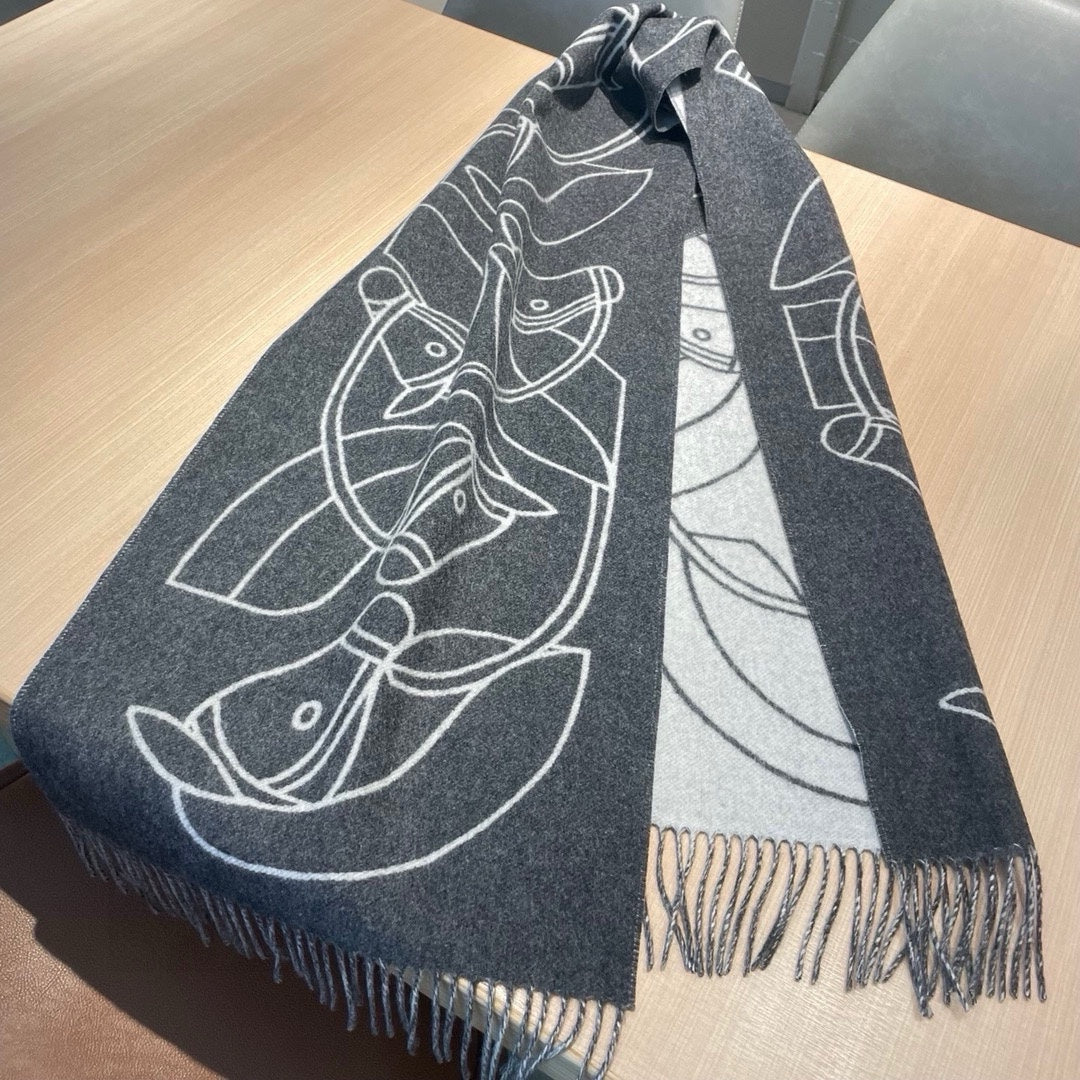 HERMES CASAQUE ENTRELACS EQUESTRES 190 CM SCARF IN SHADOW GRAY CASERE