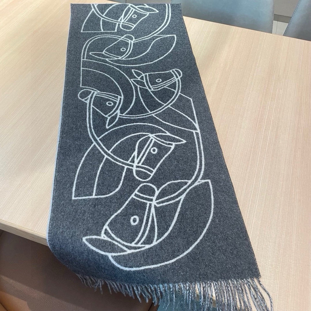 HERMES CASAQUE ENTRELACS EQUESTRES 190 CM SCARF IN SHADOW GRAY CASERE