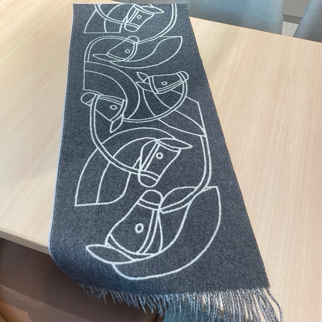 HERMES CASAQUE ENTRELACS EQUESTRES 190 CM SCARF IN SHADOW GRAY CASERE