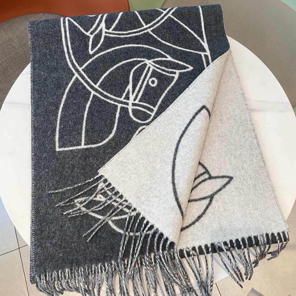 HERMES CASAQUE ENTRELACS EQUESTRES 190 CM SCARF IN SHADOW GRAY CASERE