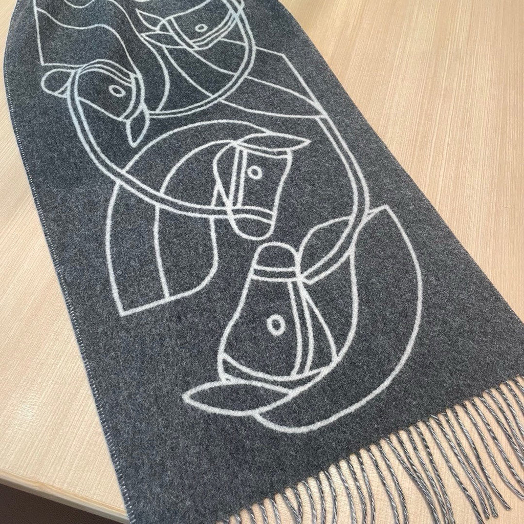 HERMES CASAQUE ENTRELACS EQUESTRES 190 CM SCARF IN SHADOW GRAY CASERE