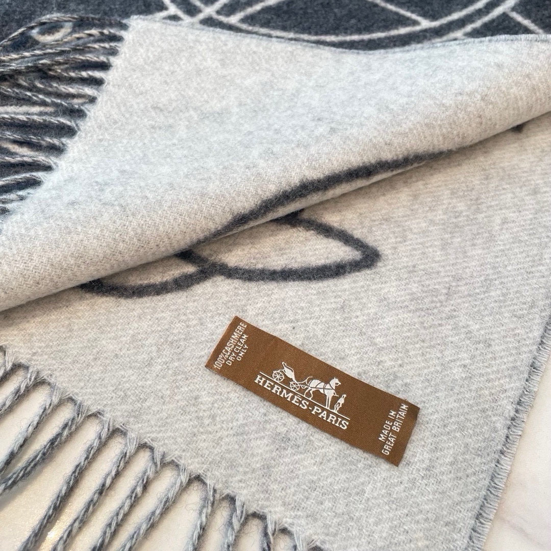 HERMES CASAQUE ENTRELACS EQUESTRES 190 CM SCARF IN SHADOW GRAY CASERE