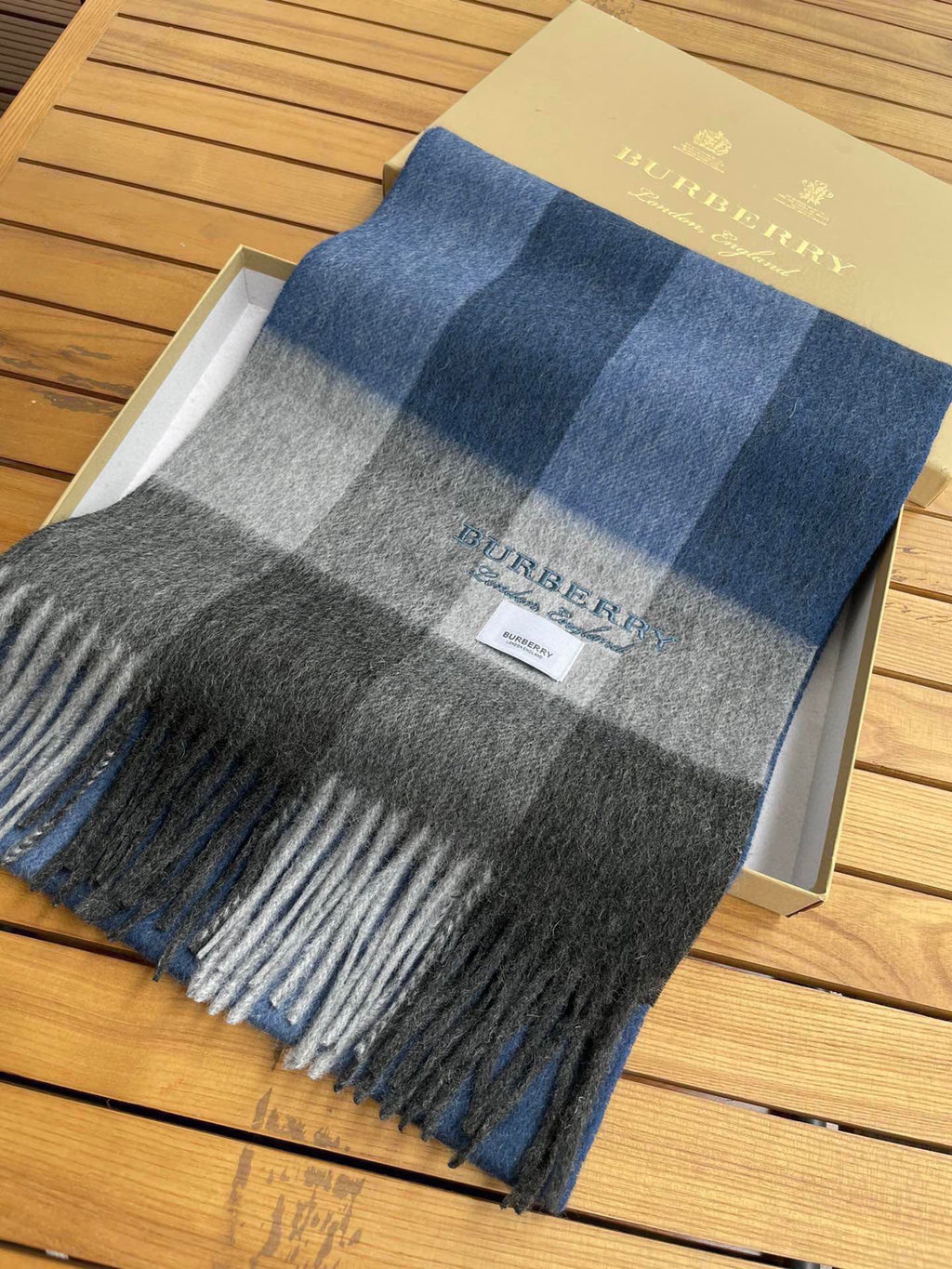 BURBERRY SCARF 180 CM IN NAVY BLUE MIX BLACK CASHMERE 394744