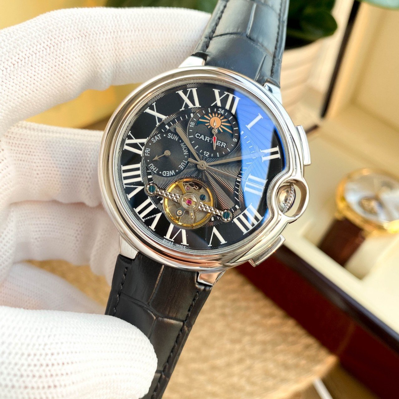 CARTIER BALLON BLEU MOON DAY TOURBILLON LEATHER STRAP